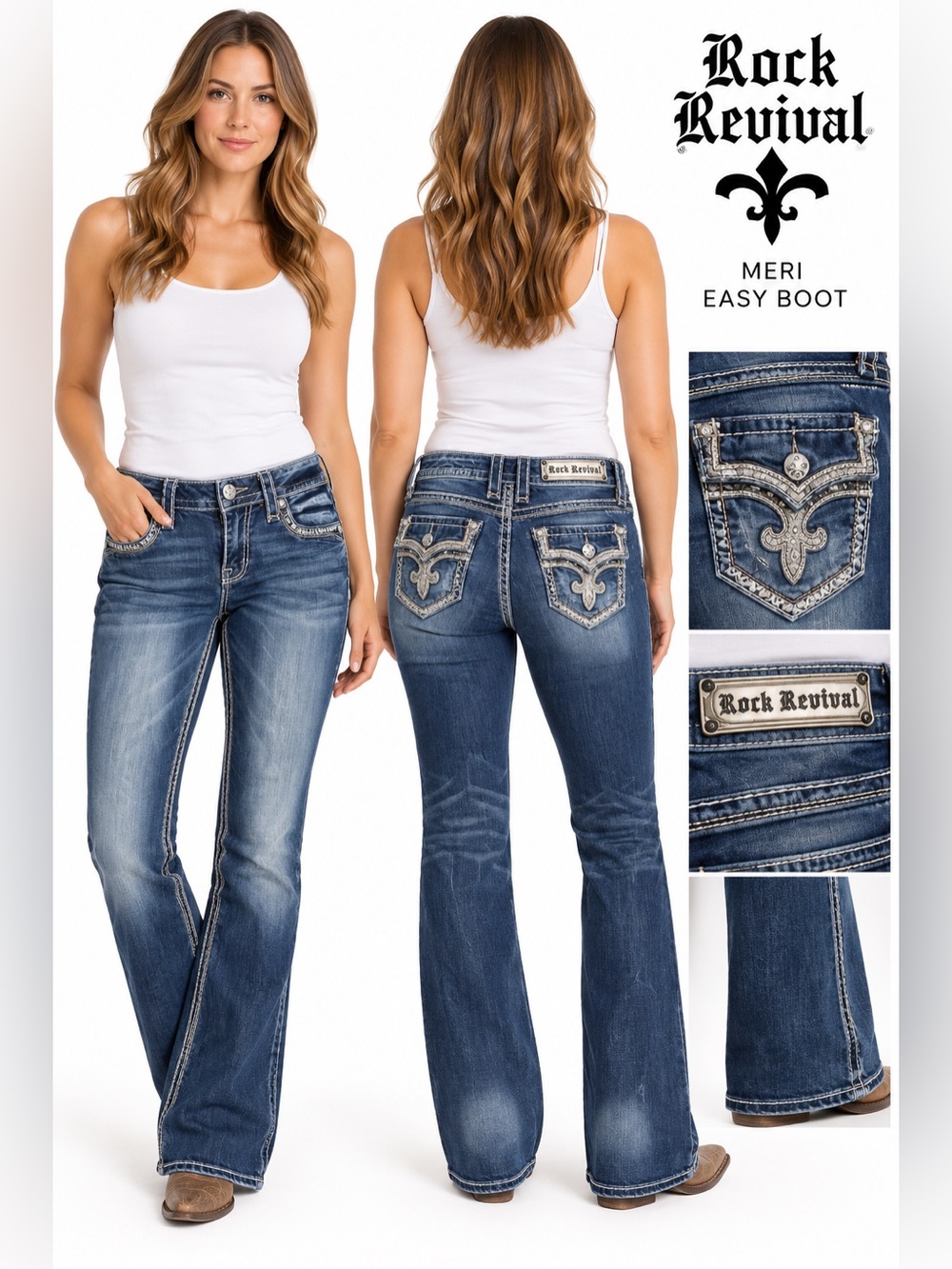 Rock Revival Meri Easy Boot Jeans Womens 28 Bootcut Embellished Flap Pocket Y2K